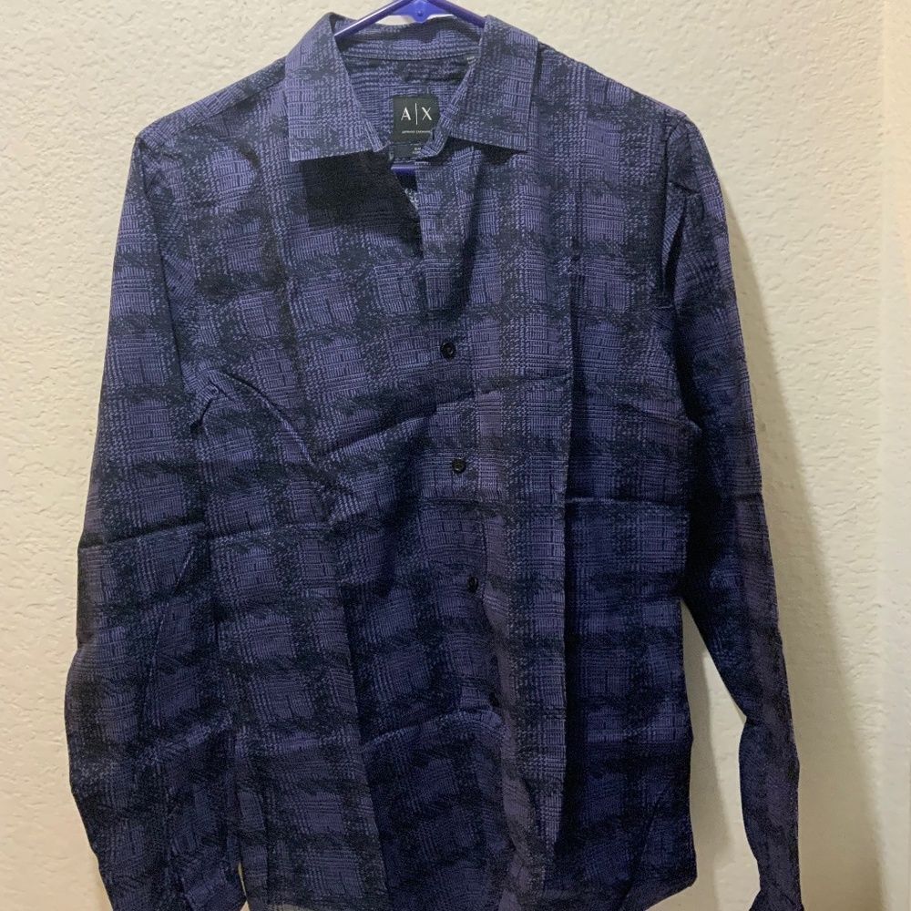 AX Armani Exchange Shirt Men’s S purple slim adjust Plaid Button Up Long Sleeve